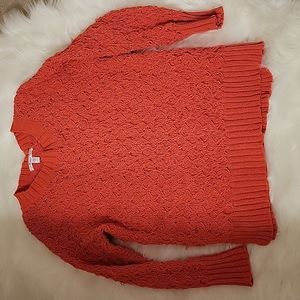 Seven7 Hibiscus Coral open loose weave pullover sweater roundneck long slv S…